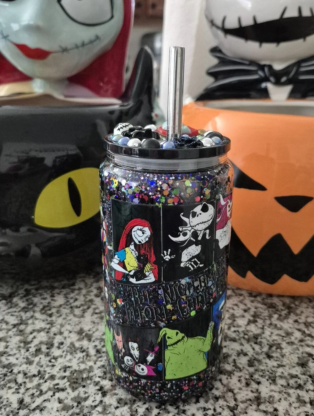Nightmare Before Christmas Glitter Insulated Tumbler with Straw